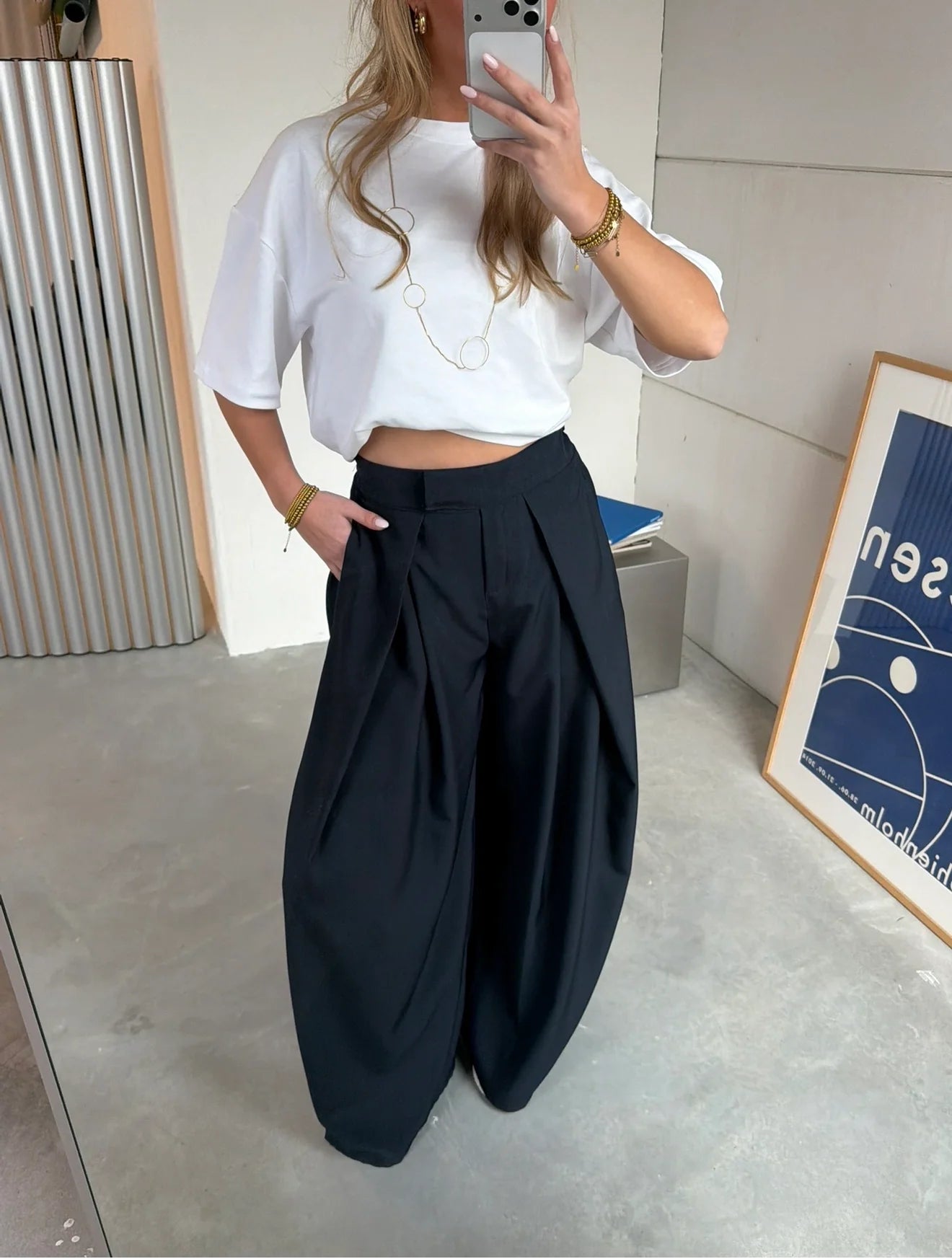 Navy Pleated Wide-Leg Tailored Trousers
