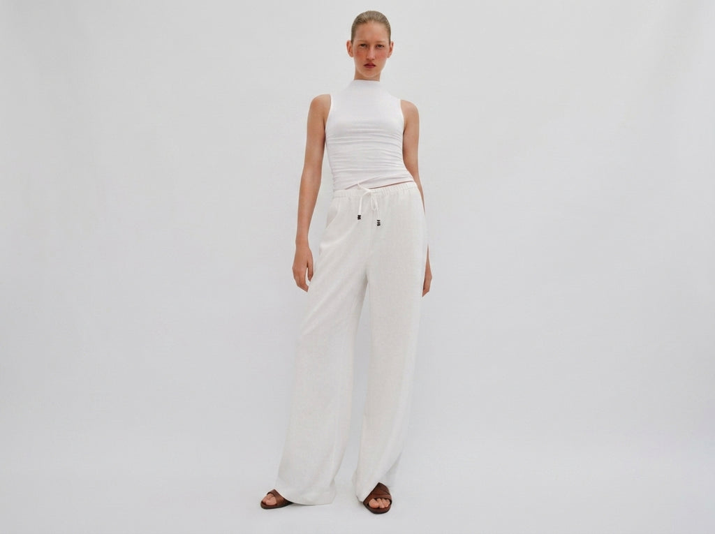 Straight Linen Blend Trousers White