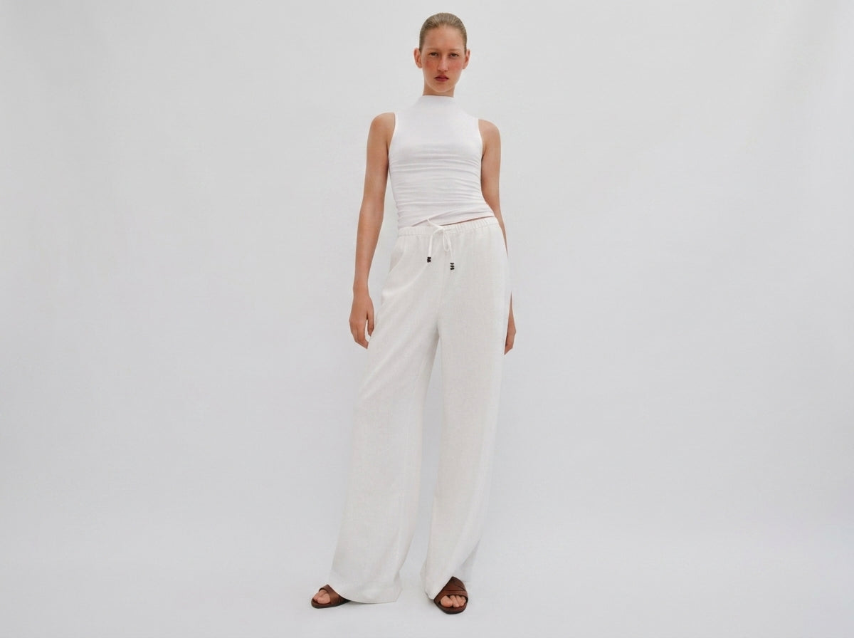 Straight Linen Blend Trousers White