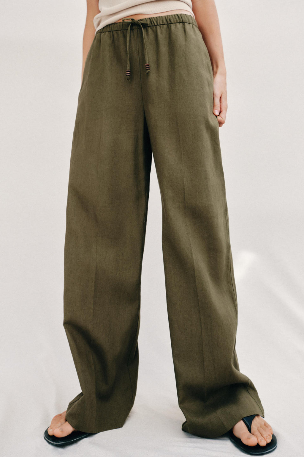 Straight Linen Blend Trousers Khaki