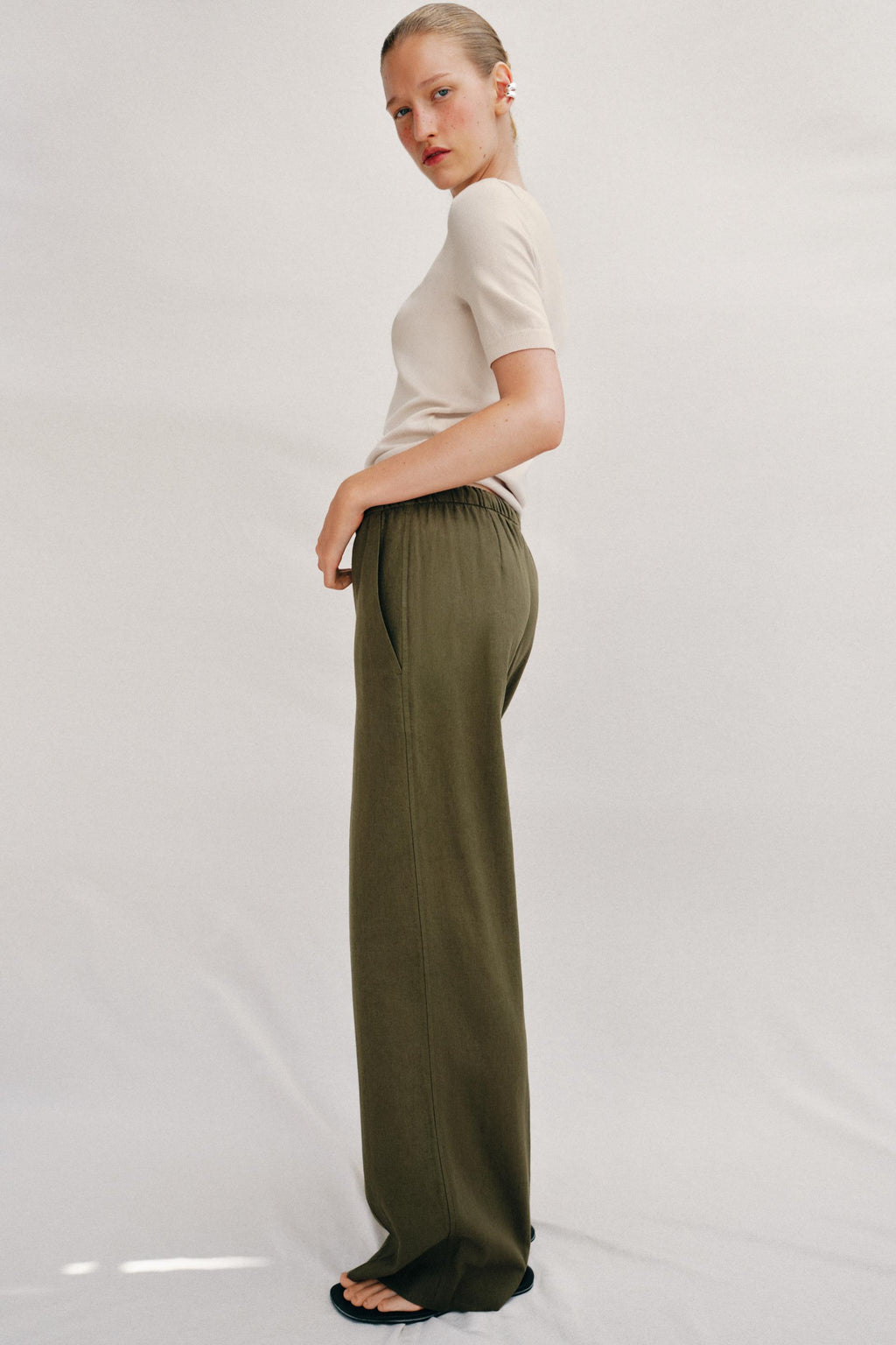 Straight Linen Blend Trousers Khaki
