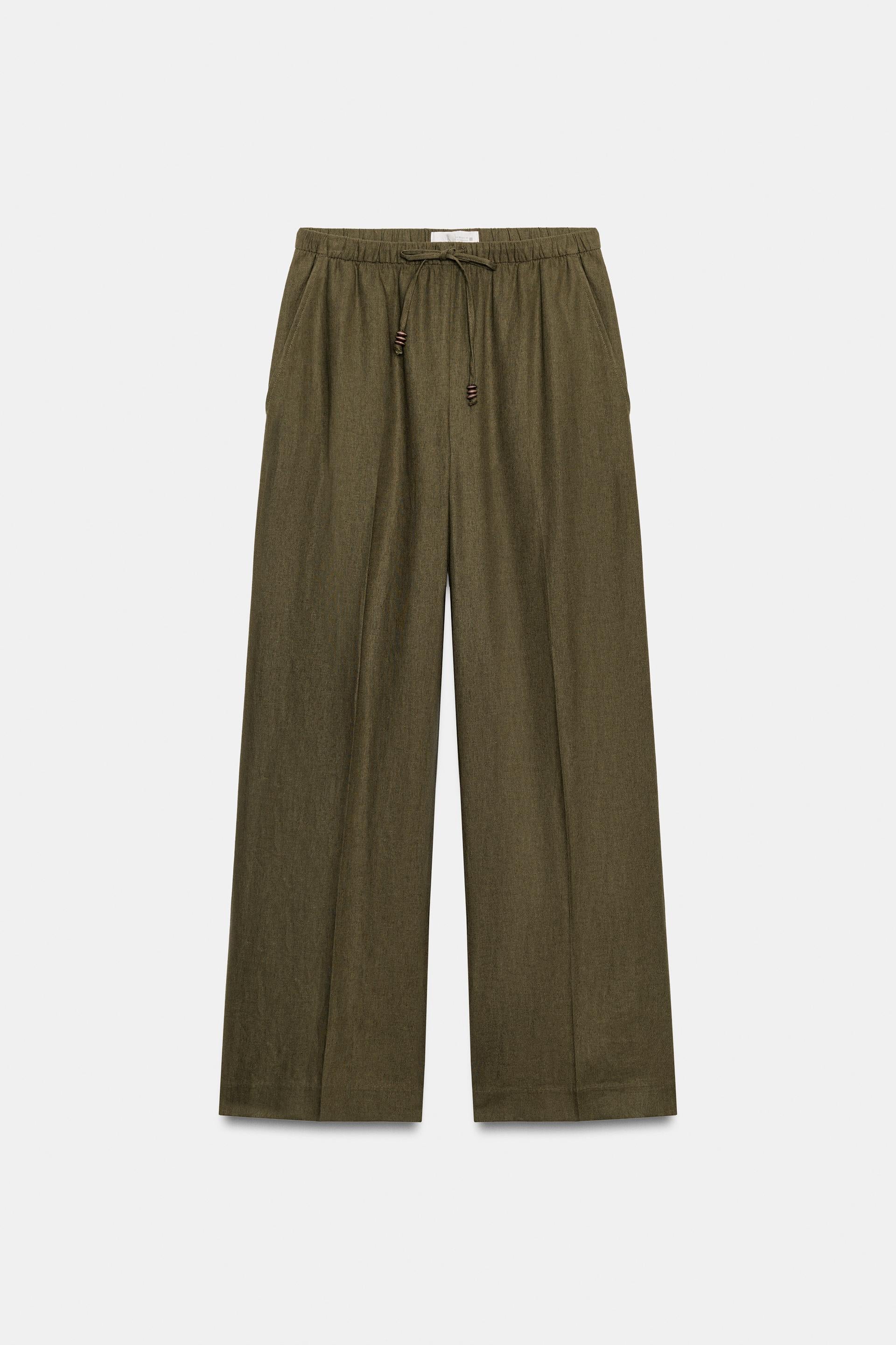 Straight Linen Blend Trousers Khaki