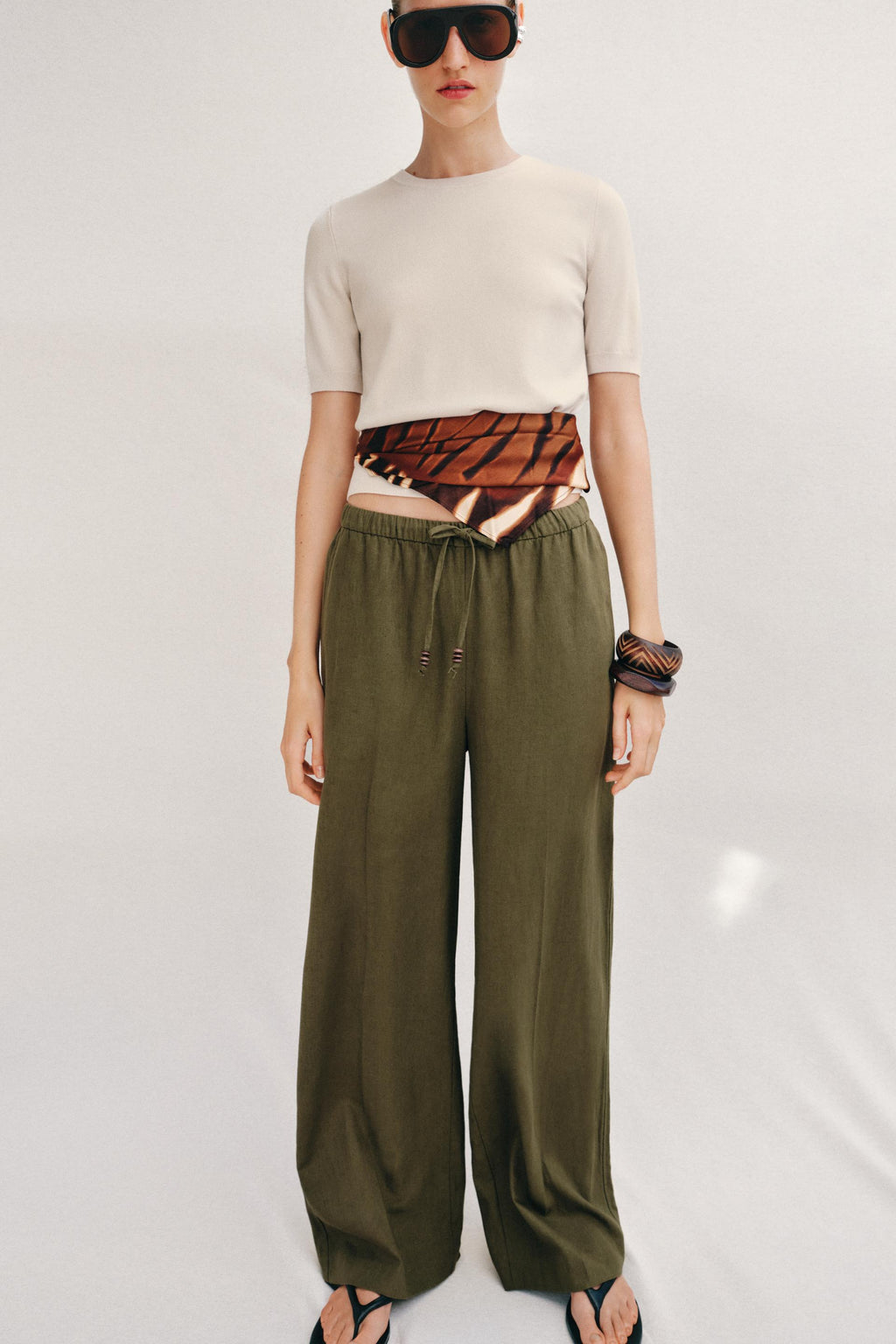 Straight Linen Blend Trousers Khaki