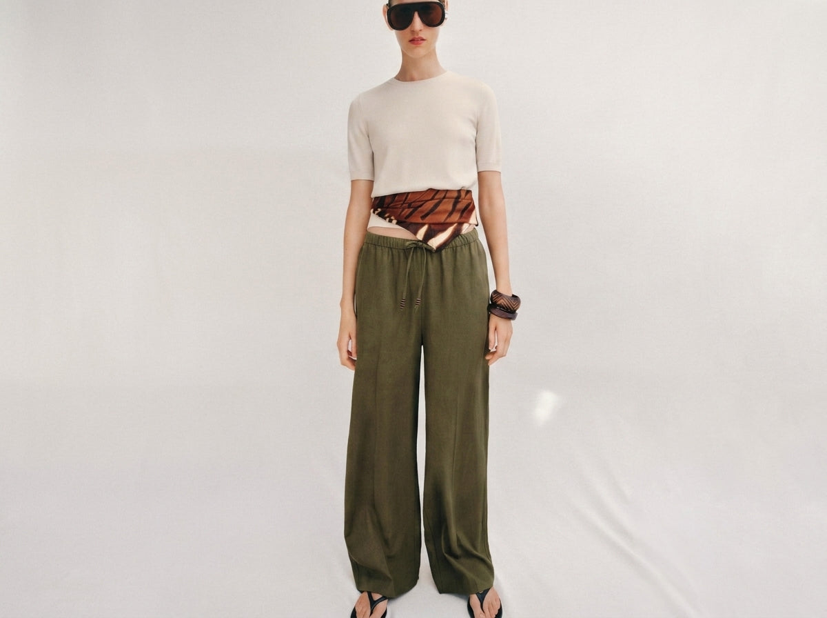 Straight Linen Blend Trousers Khaki