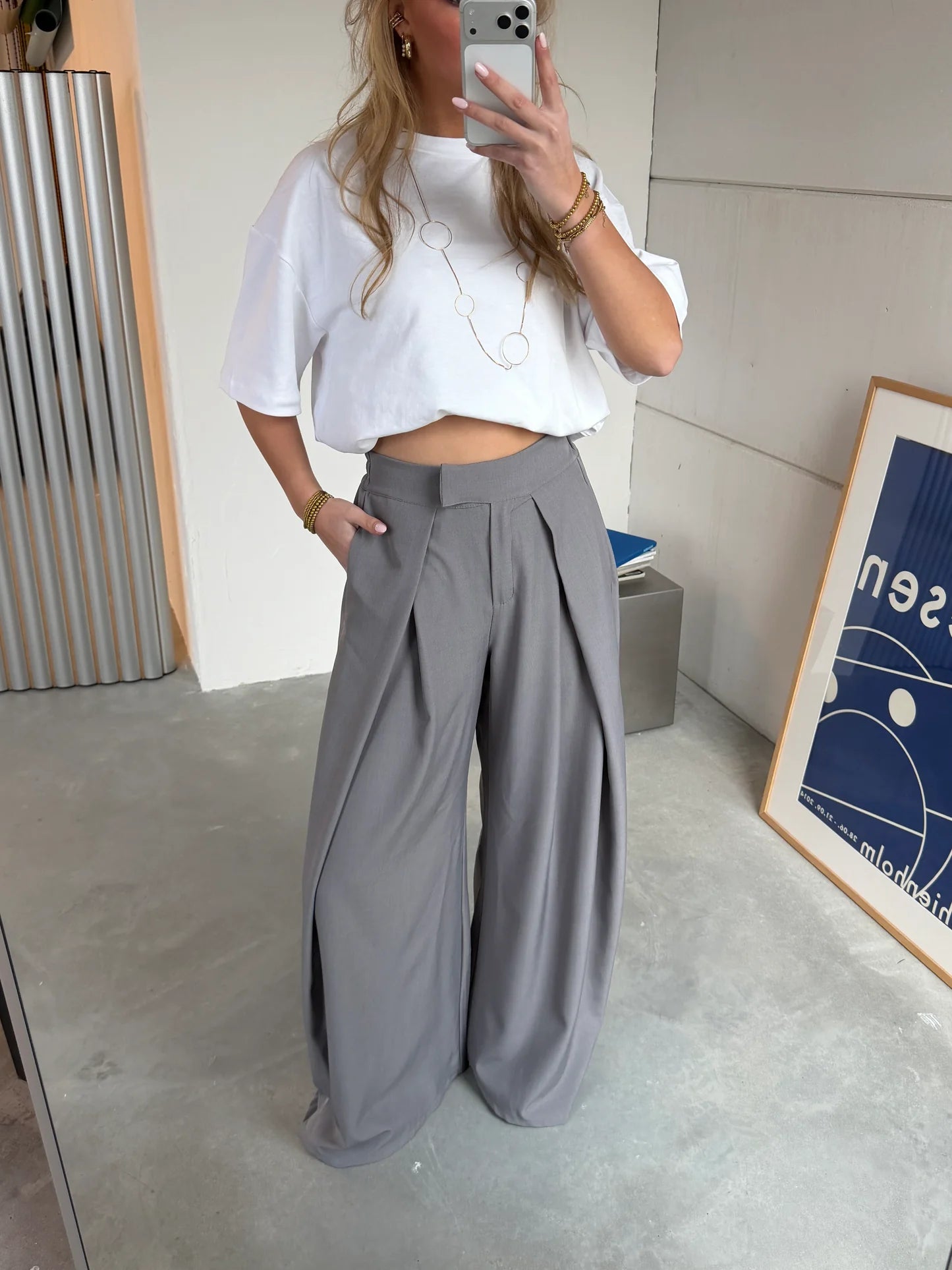 Grey Pleated Wide-Leg Tailored Trousers