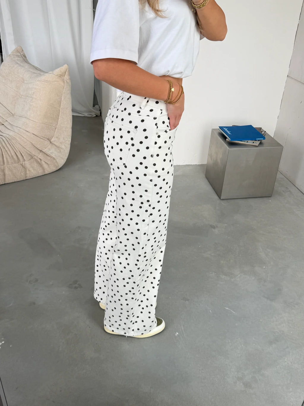 Polka Dot Wide-Leg Jeans – White