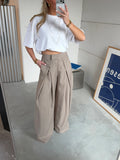 Beige Pleated Wide-Leg Tailored Trousers