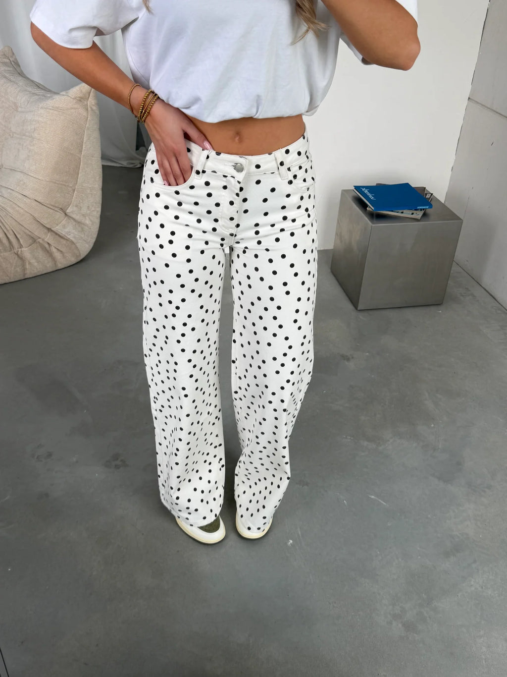Polka Dot Wide-Leg Jeans – White