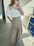 Beige Pinstripe Pleated Wide-Leg Tailored Trousers
