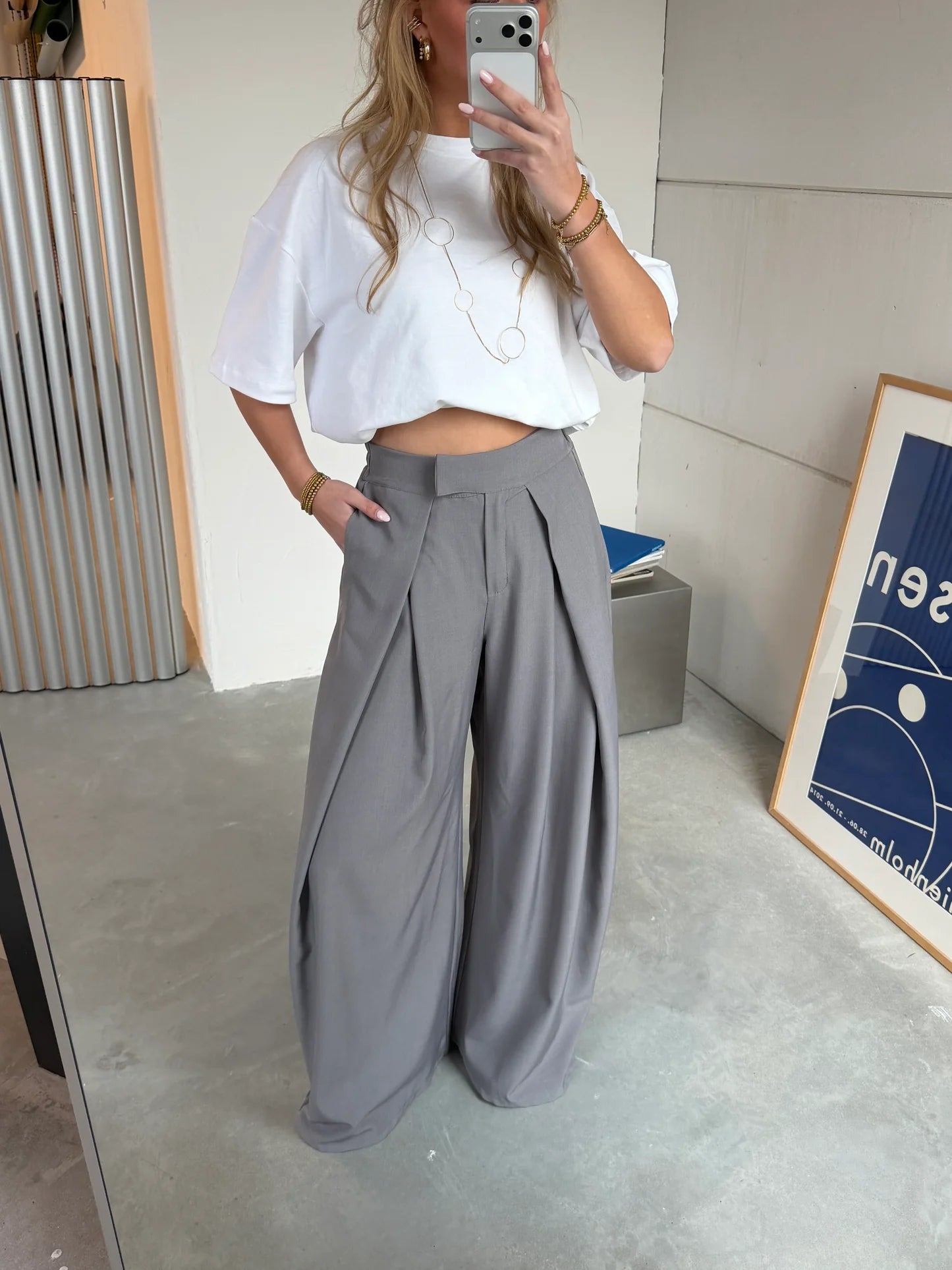 Grey Pleated Wide-Leg Tailored Trousers
