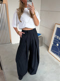 Black Pleated Wide-Leg Tailored Trousers