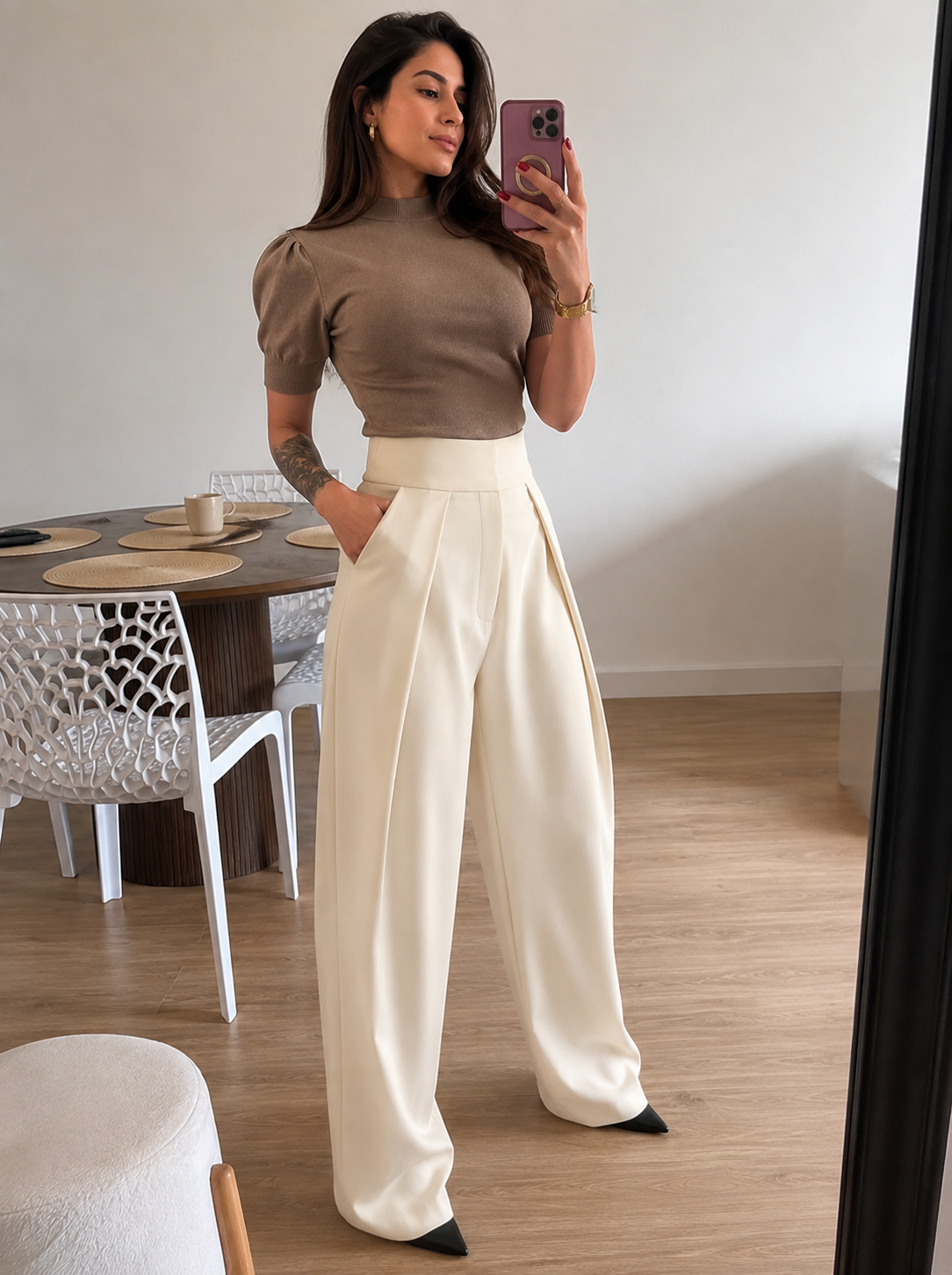 Ivory Balloon Wide-Leg Trousers