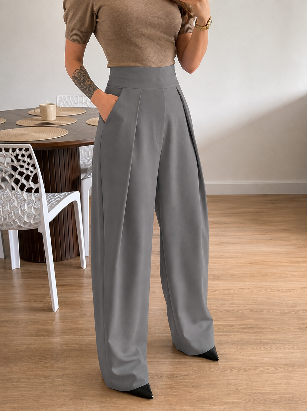 Cool Gray Balloon Wide-Leg Trousers