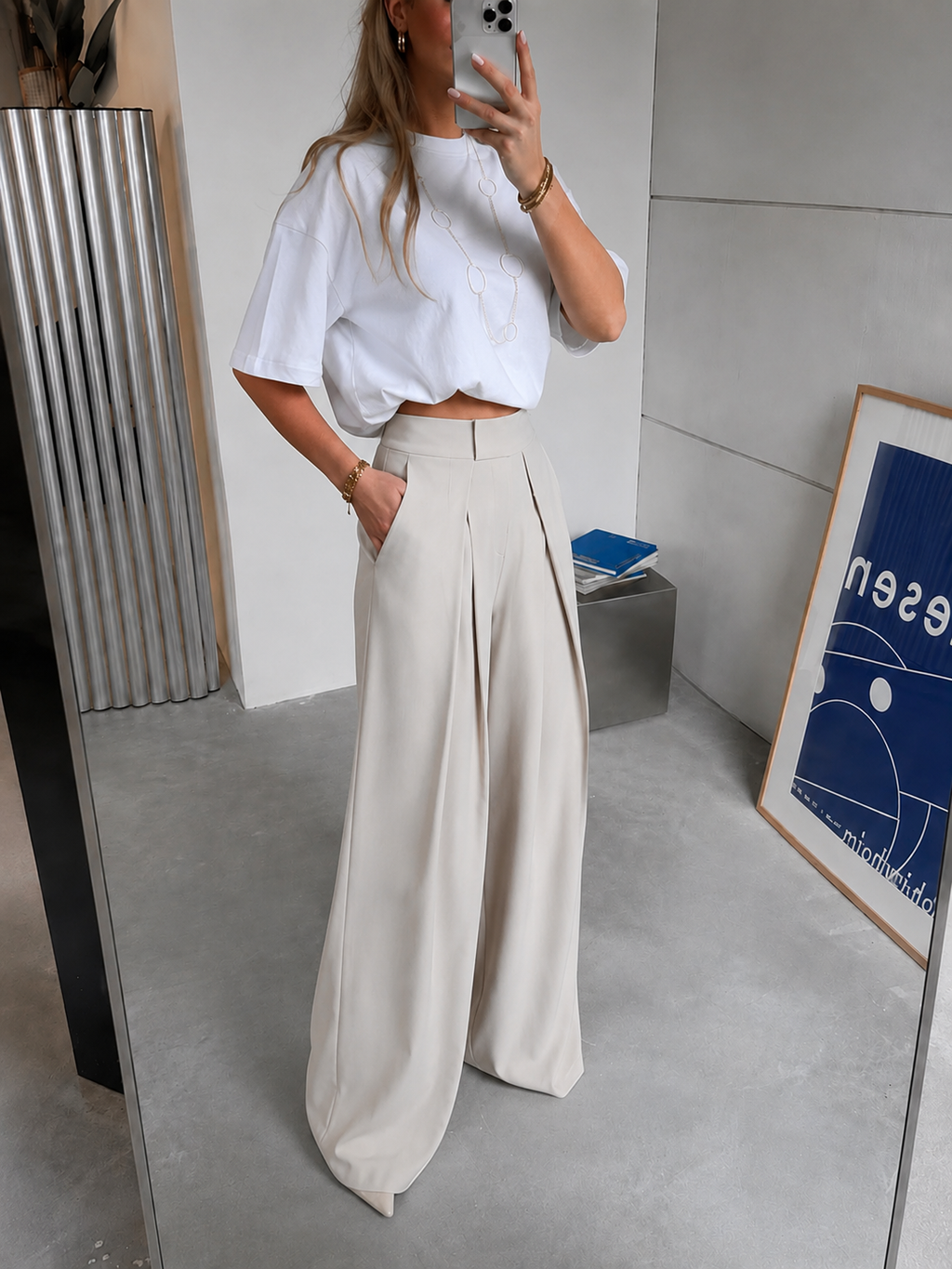 Ivory Pleated Wide-Leg Trousers