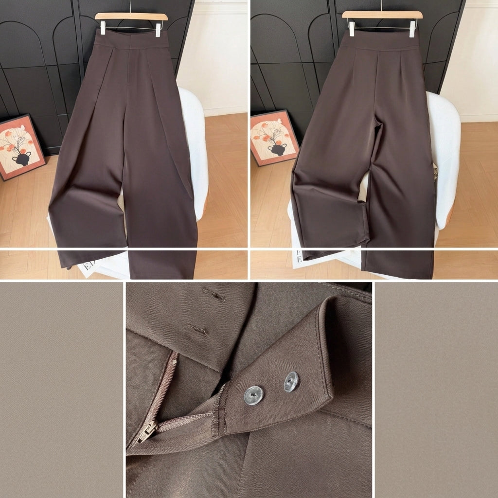 Brown Pleated Wide-Leg Trousers