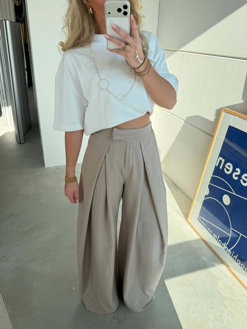 Beige Pinstripe Pleated Wide-Leg Tailored Trousers