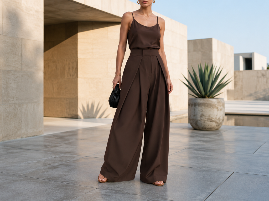Dark brown high-waisted wide-leg trousers with front pleats, a structured waistband, and a flowing silhouette, styled with a matching brown sleeveless top.