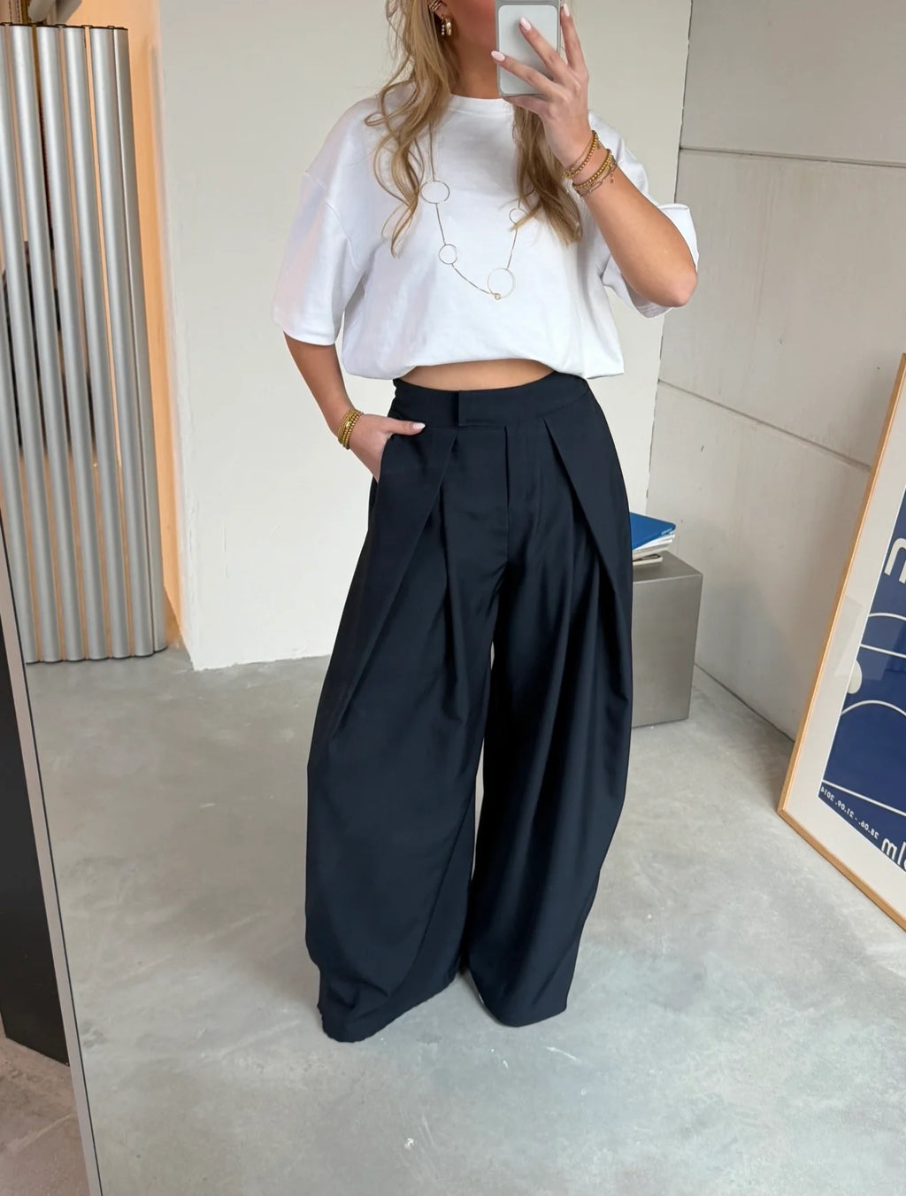Navy Pleated Wide-Leg Tailored Trousers