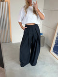 Navy Pleated Wide-Leg Tailored Trousers