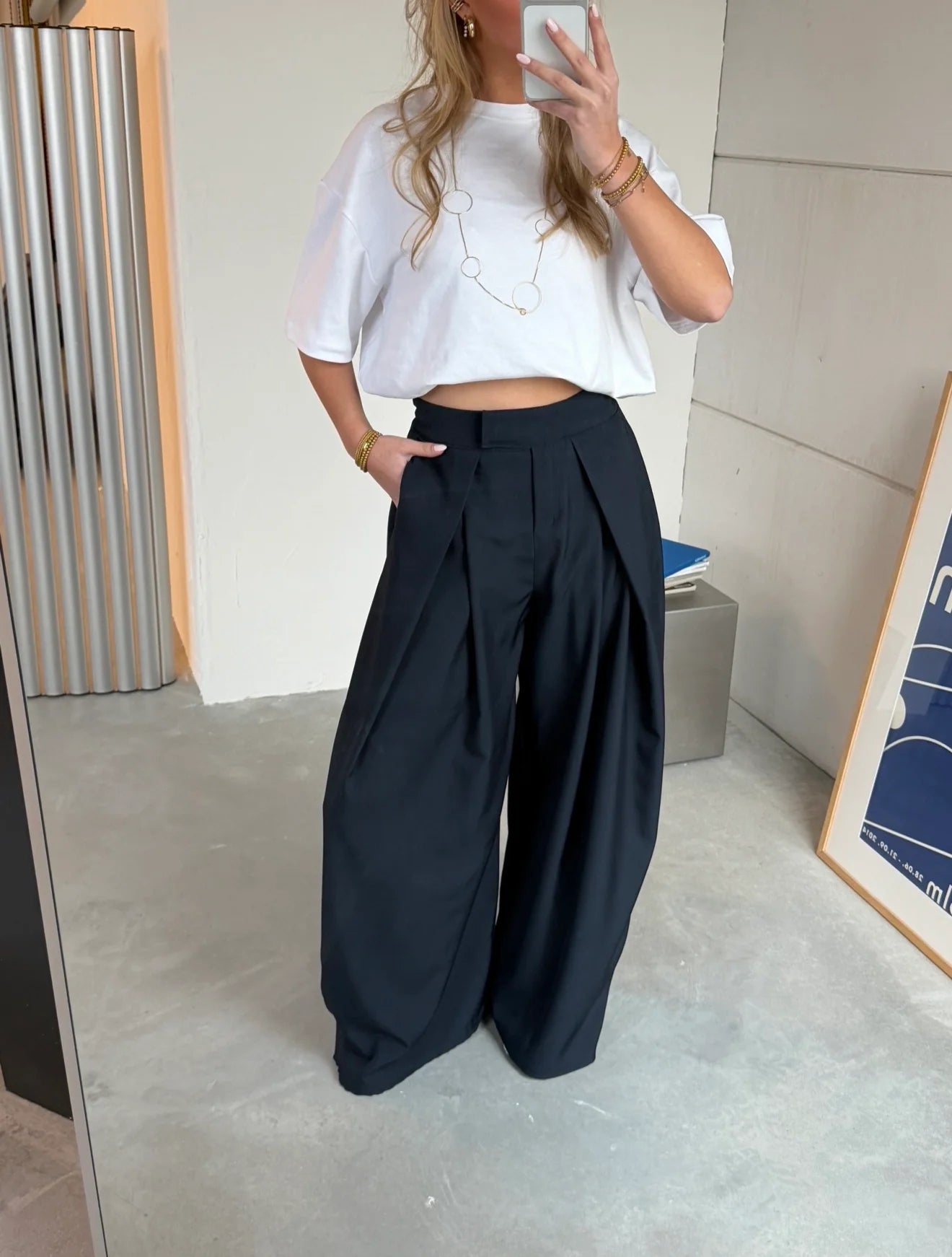 Navy Pleated Wide-Leg Tailored Trousers