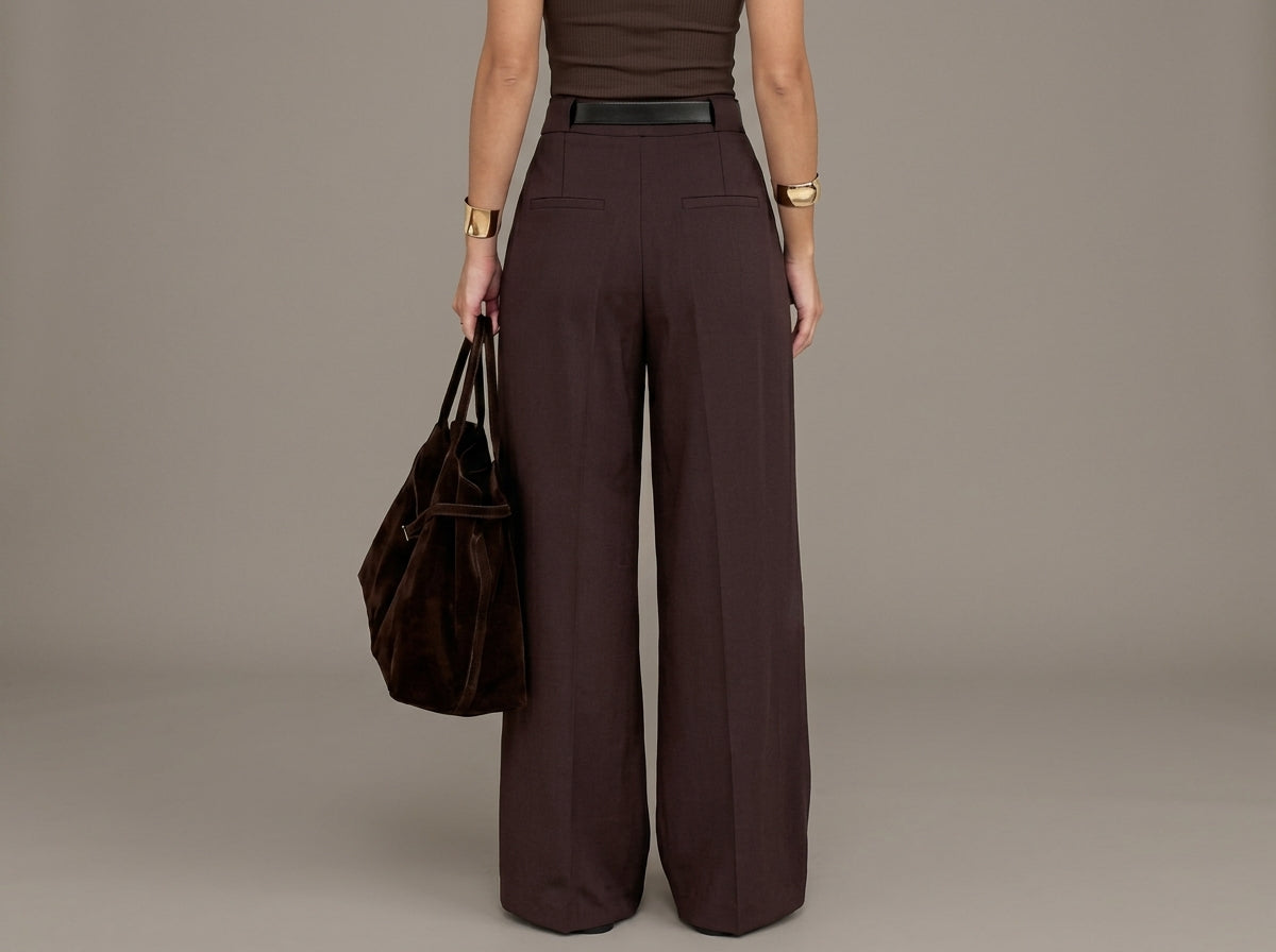 High-Waist Wide-Leg Suit Trousers – Dark Brown