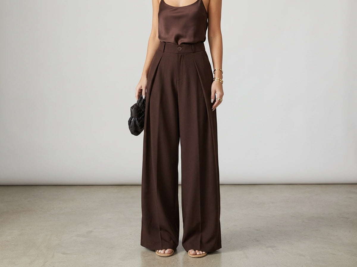 High-Waist Wide-Leg Suit Trousers – Dark Brown