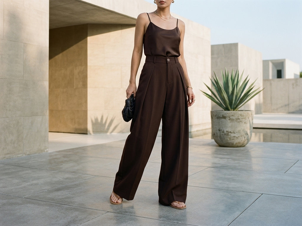 High-Waist Wide-Leg Suit Trousers – Dark Brown