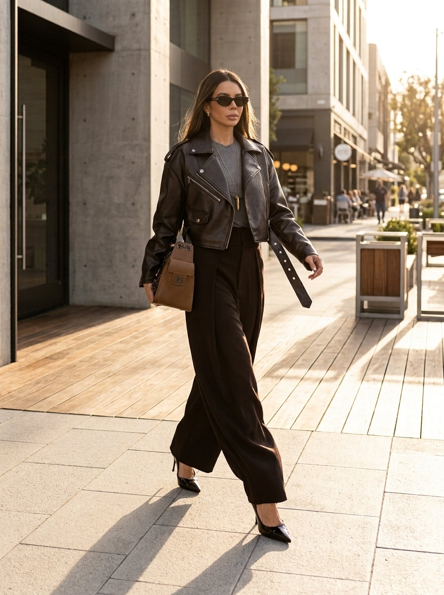 Brown Pleated Wide-Leg Trousers