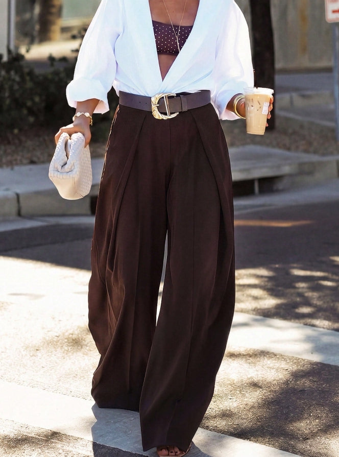 High-Waist Wide-Leg Suit Trousers – Dark Brown