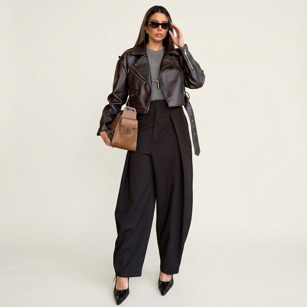 Brown Pleated Wide-Leg Trousers