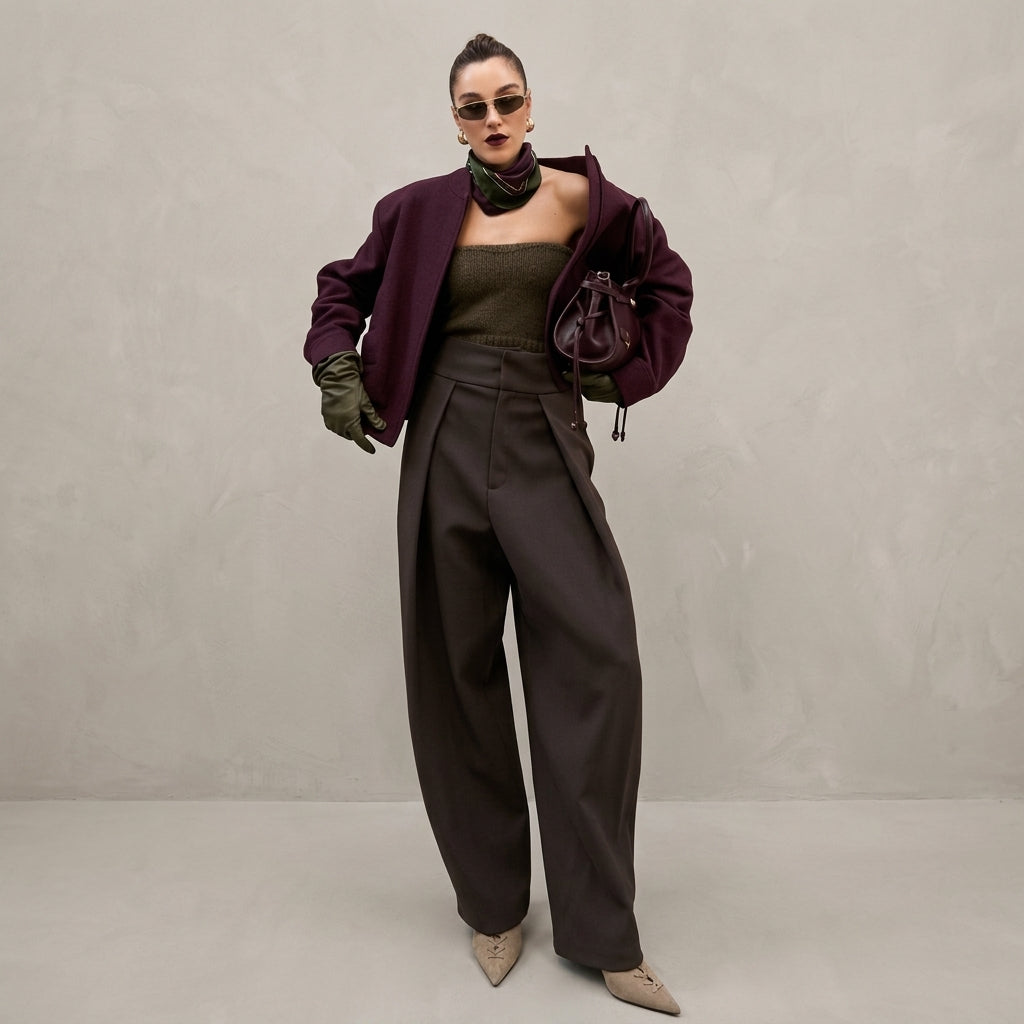 Brown Pleated Wide-Leg Trousers