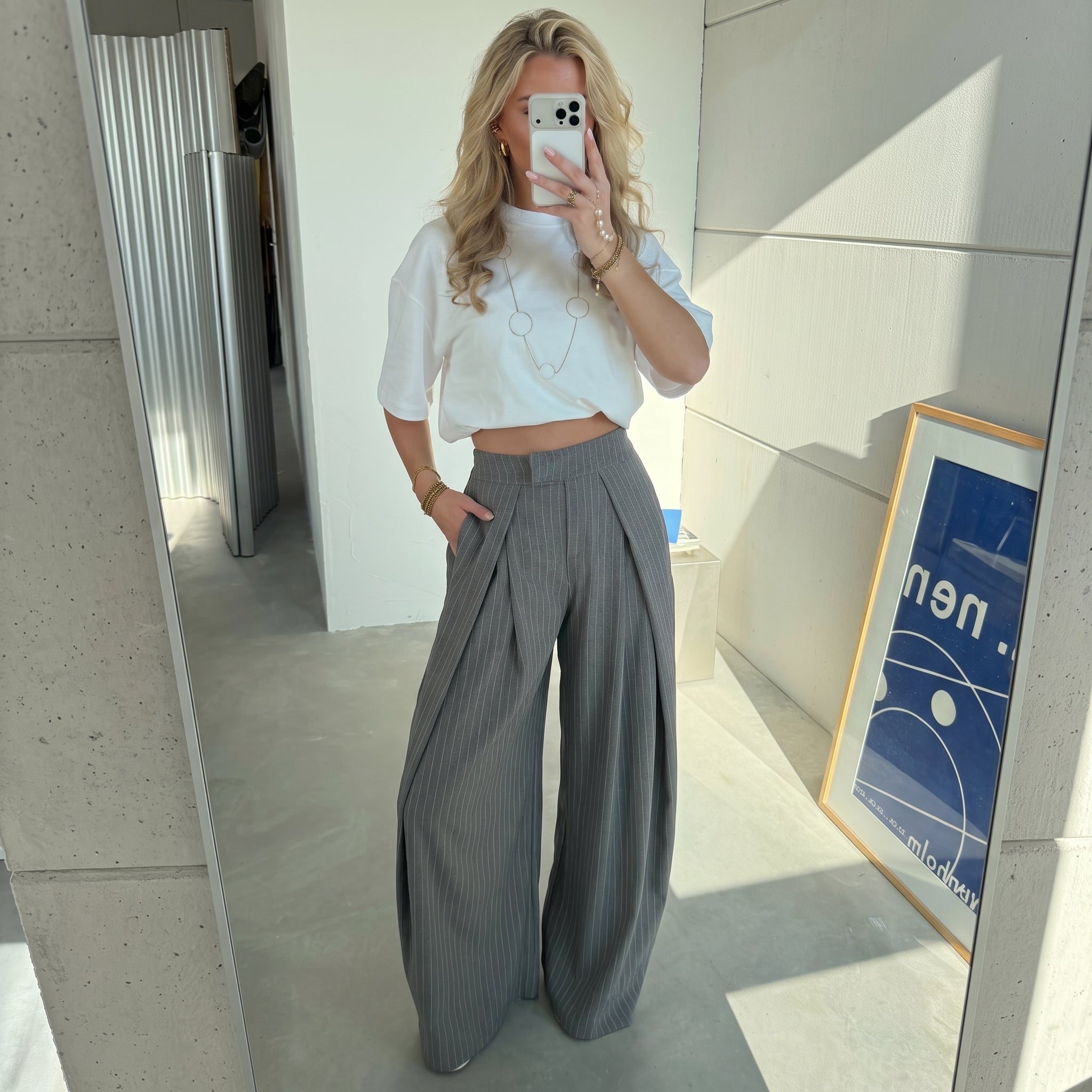Grey Pinstripe Pleated Wide-Leg Trousers