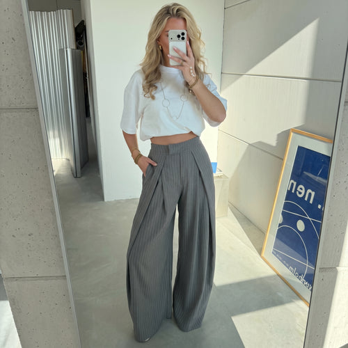 Grey Pinstripe Pleated Wide-Leg Trousers