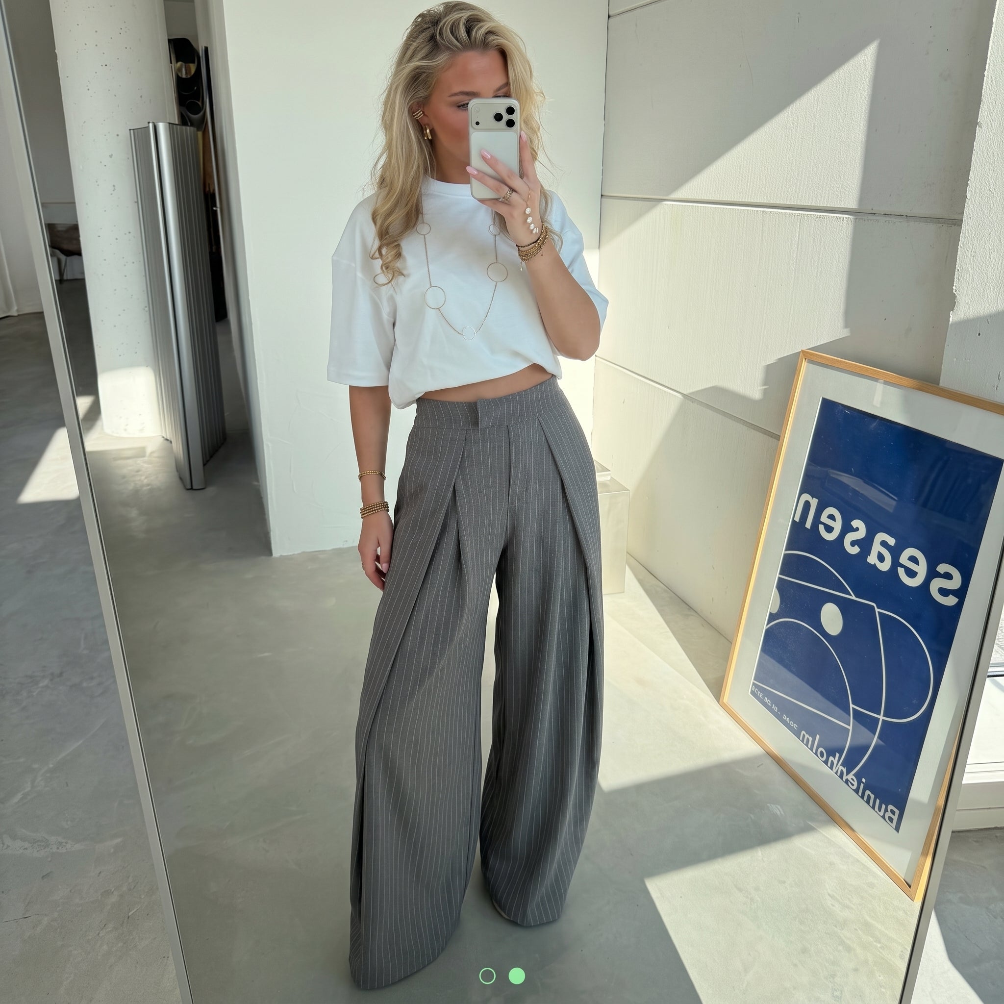 Grey Pinstripe Pleated Wide-Leg Trousers