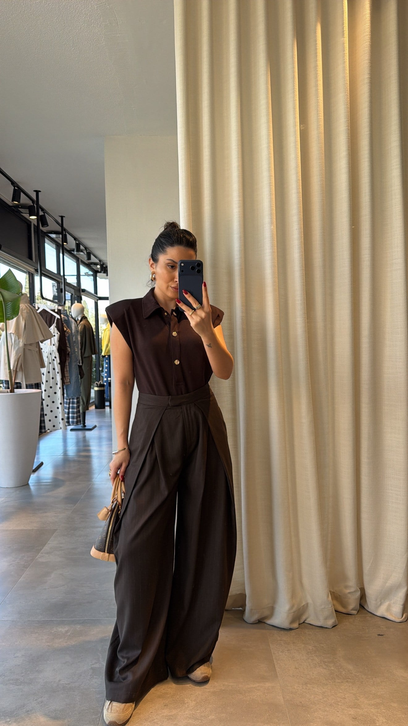 Brown Pleated Wide-Leg Tailored Trousers