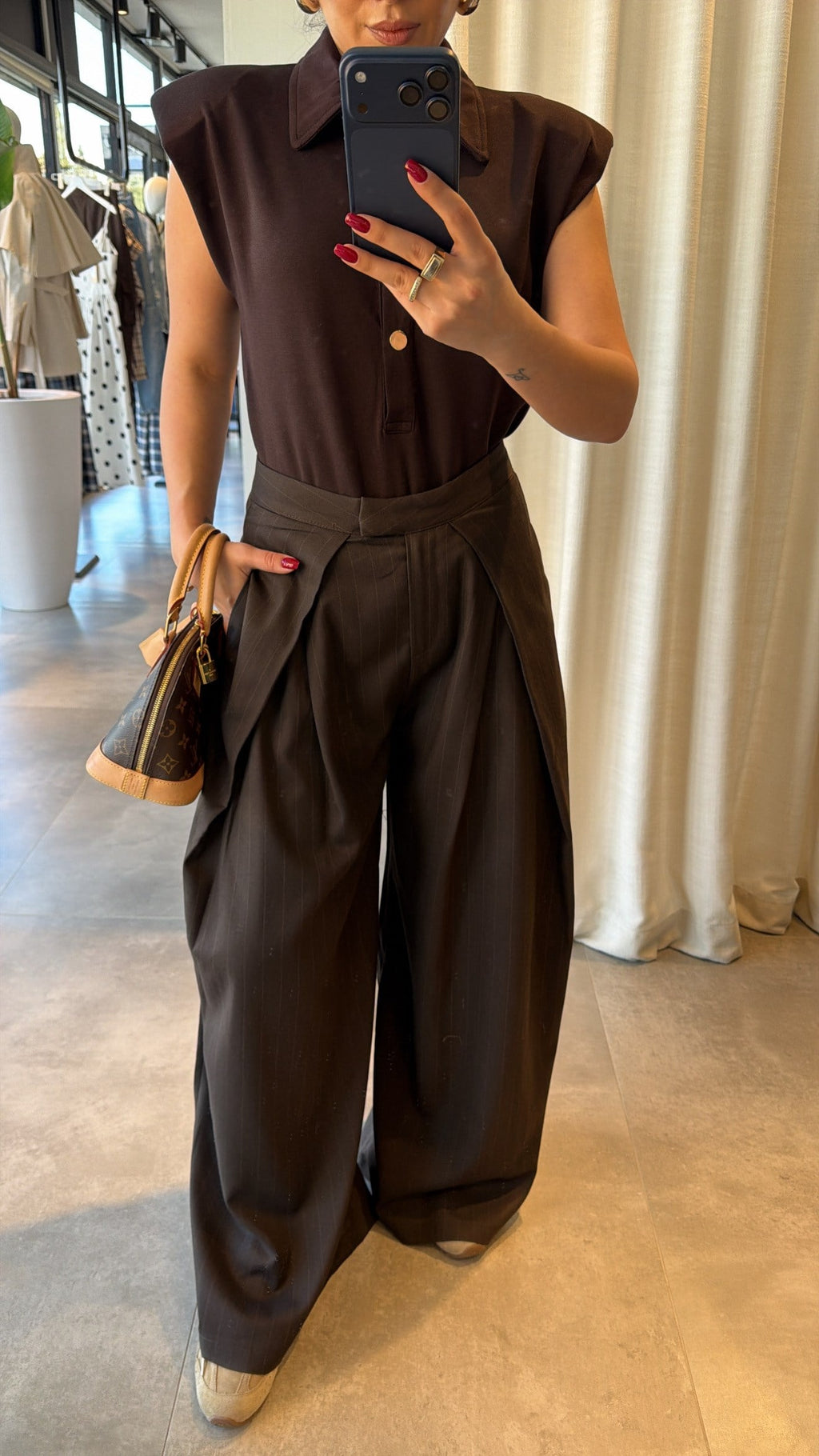 Brown Pleated Wide-Leg Tailored Trousers