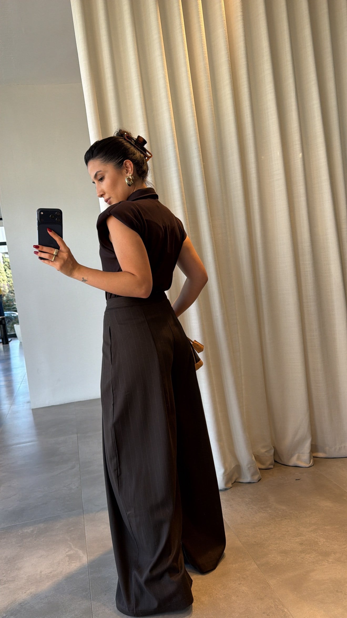 Brown Pleated Wide-Leg Tailored Trousers