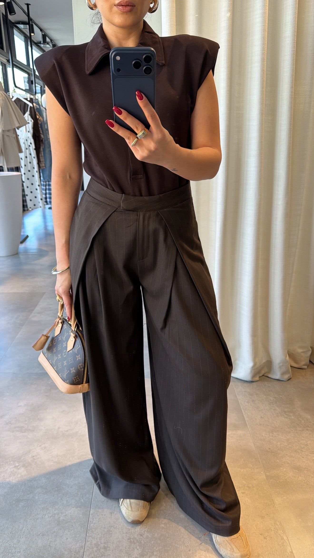 Brown Pleated Wide-Leg Tailored Trousers