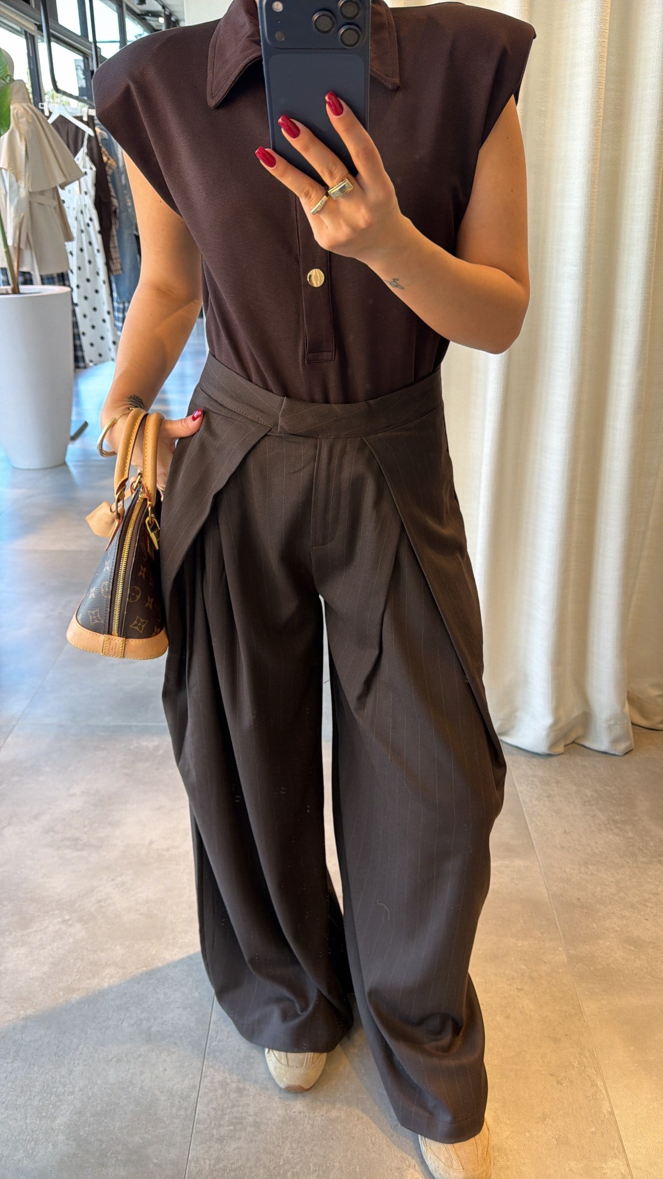 Brown Pleated Wide-Leg Tailored Trousers